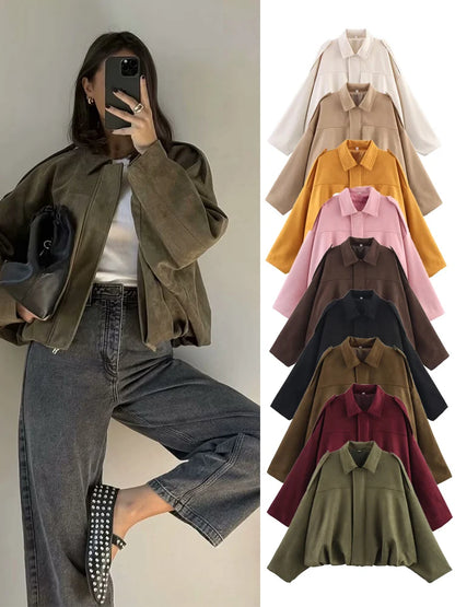 Suede Bomber Long Sleeve Zipper Oversize Solid Bomber Coat Jacket