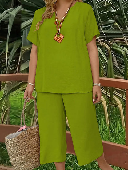Plus size casual elegant short-sleeved top and wide-leg pants