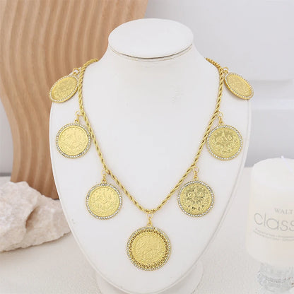 Moroccon Solid Coins Gold Plated With Rhinestone Single Chain Arabic Necklace