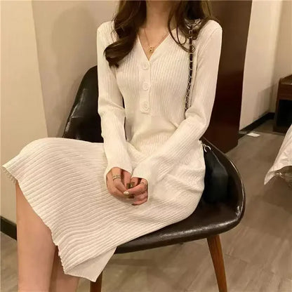 Elegant Long Slim Sweater Elastic Waist Hip Bottoming Korean Bodycon Dress
