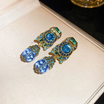 Vintage Blue Water Drop Crystal Clips Earrings