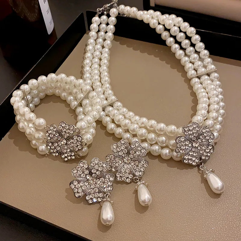 Rhinestone Flower Pearl Necklaces Jewelry Sets