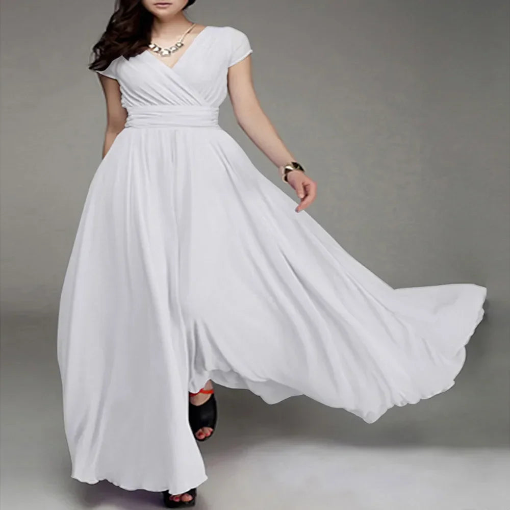 Short Sleeve Long Cocktail Chiffon High Waist Dresses