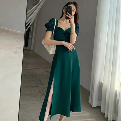 Solid Puff Short-Sleeved Elegant Slit Dress