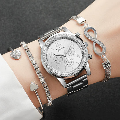 4PCS/Set Rhinestone Luxury Steel Band Quartz Bracelets Watches Set