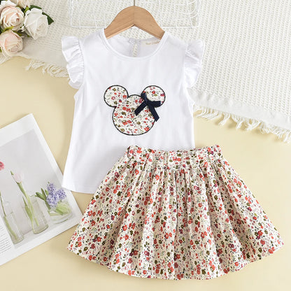 Bear Leader Floral Cartoon Ruffle Sleeve Casual Outfits Set