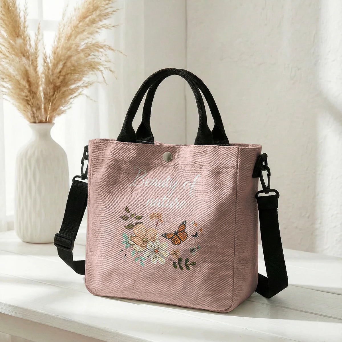 Floral Butterfly Letter Print Brown Canvas Tote Bag