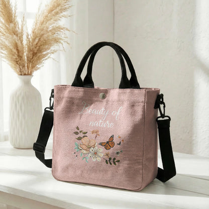 Floral Butterfly Letter Print Brown Canvas Tote Bag