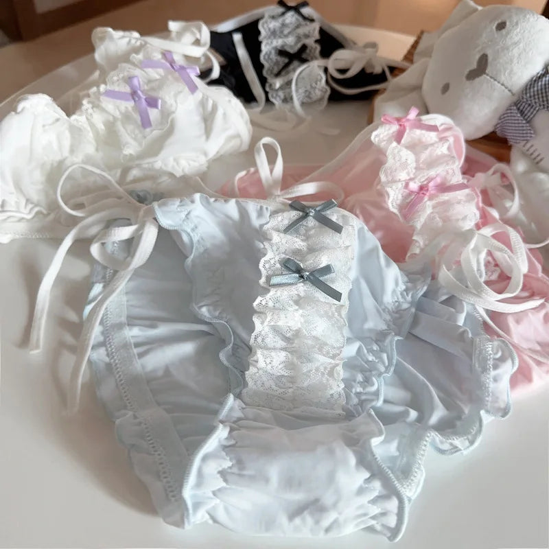 Double Bow Lace Ruffle Cute Underpants Low Waist Lace Up Ice Silk Breathable Panties