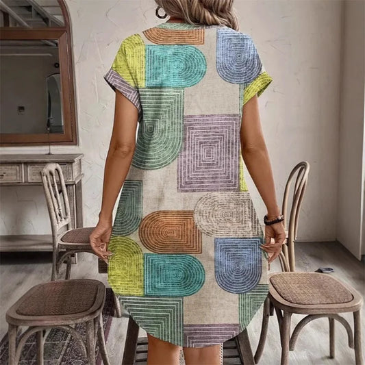 Geometric printing V-neck button up Dress