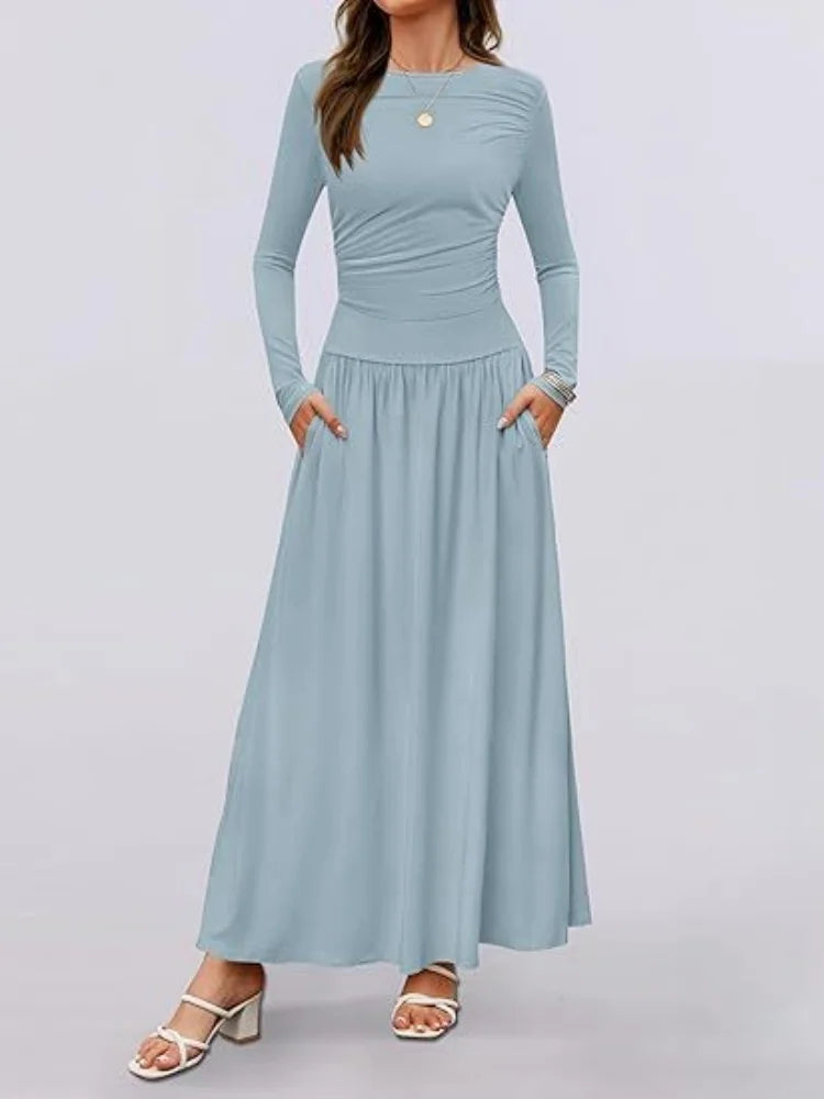 Long Sleeve Maxi Fit Ruched Casual Wear Dress
