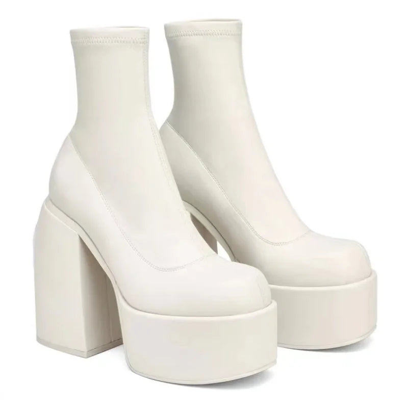 Short Sexy Leather Square toe casual Zipper high heels thick soled Boots