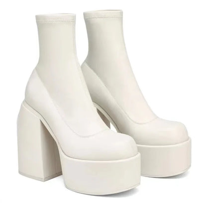Short Sexy Leather Square toe casual Zipper high heels thick soled Boots