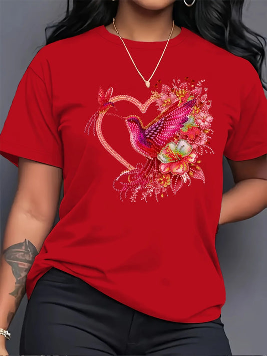 Floral Hummingbird Heart Boho Graphic T-Shirt