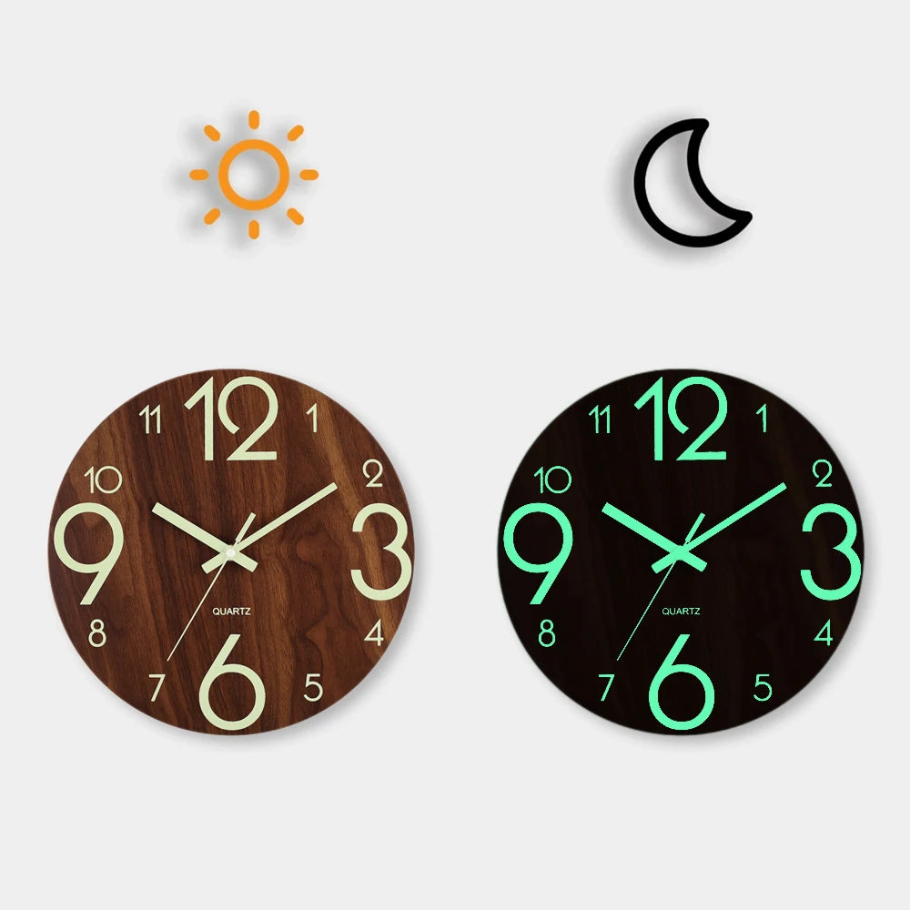 12 Inch Luminous Wall Clock Wood Silent light in dark