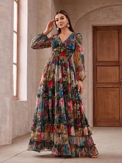 Casual Elegant Boho Floral Print Long Sleeve Frill Trim Maxi Dress