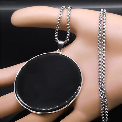 Big Black Obsidian Necklace Stainless Steel Natural Stone