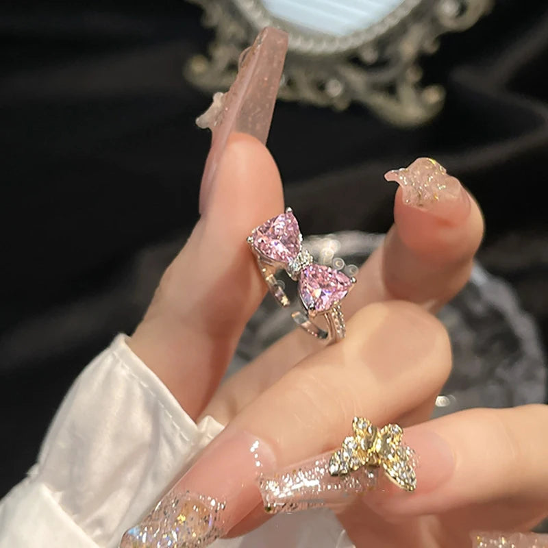 Romantic Lovely Pink Bowknot with Micro Bow Tie Zircon Rings