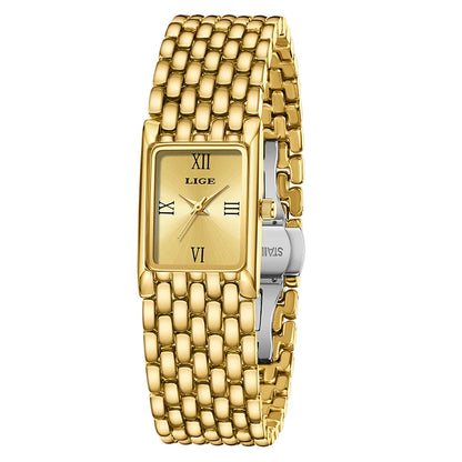 Quartz Silver Simple Square Luxury Stainless Steel Folding Wristwatch