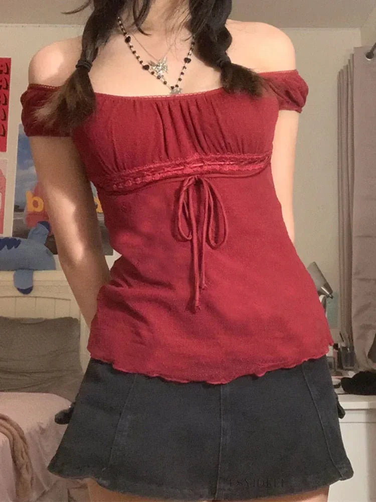 Off Shoulder Drawstring T-shirt Korean Fashion