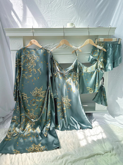 5pcs Floral Print Long Sleeve Robe Cami Dress Pajamas Sets