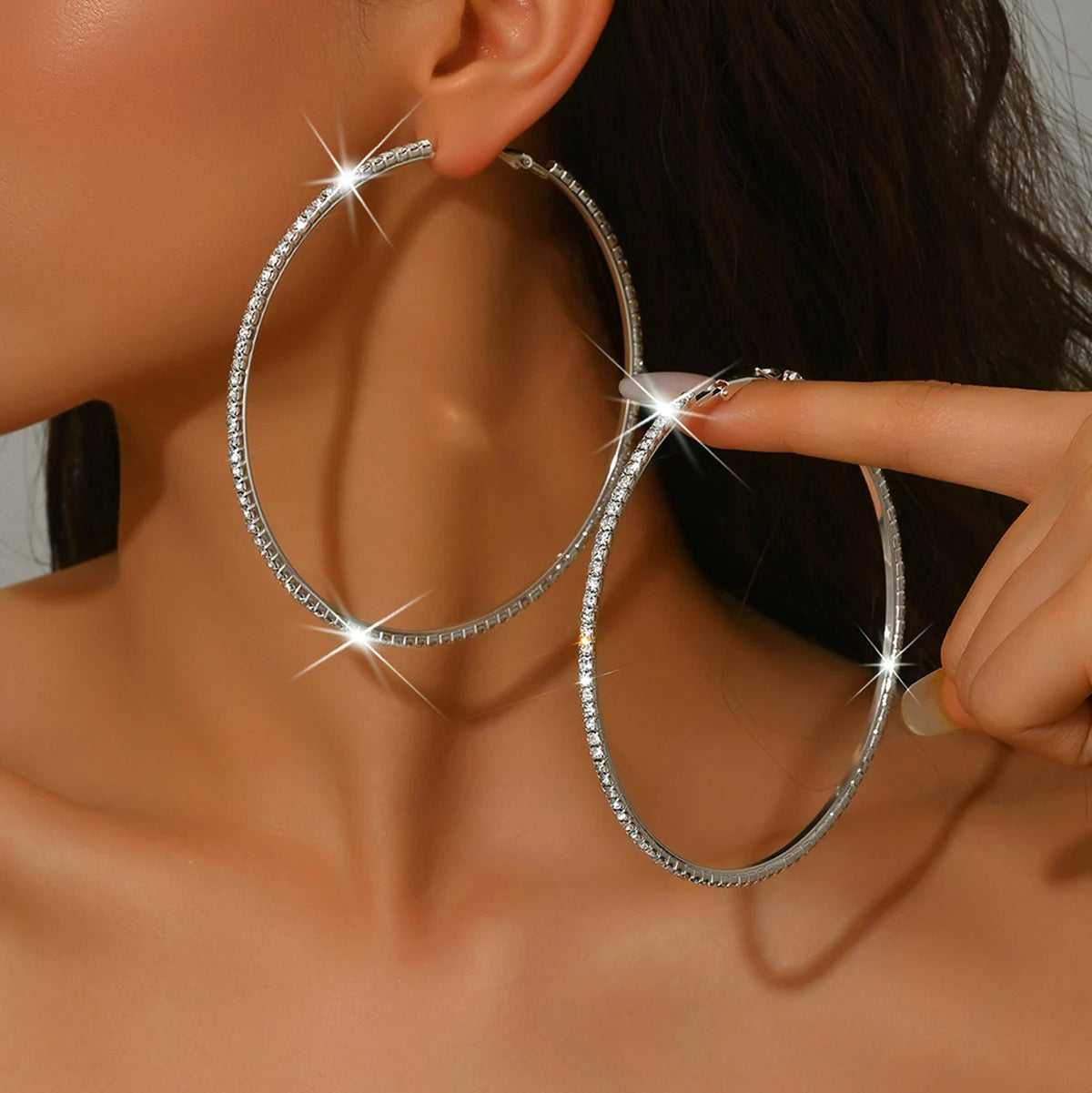 Rhinestones Shiny Crystal Big Round Hoop Earrings