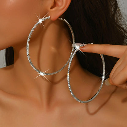 Rhinestones Shiny Crystal Big Round Hoop Earrings