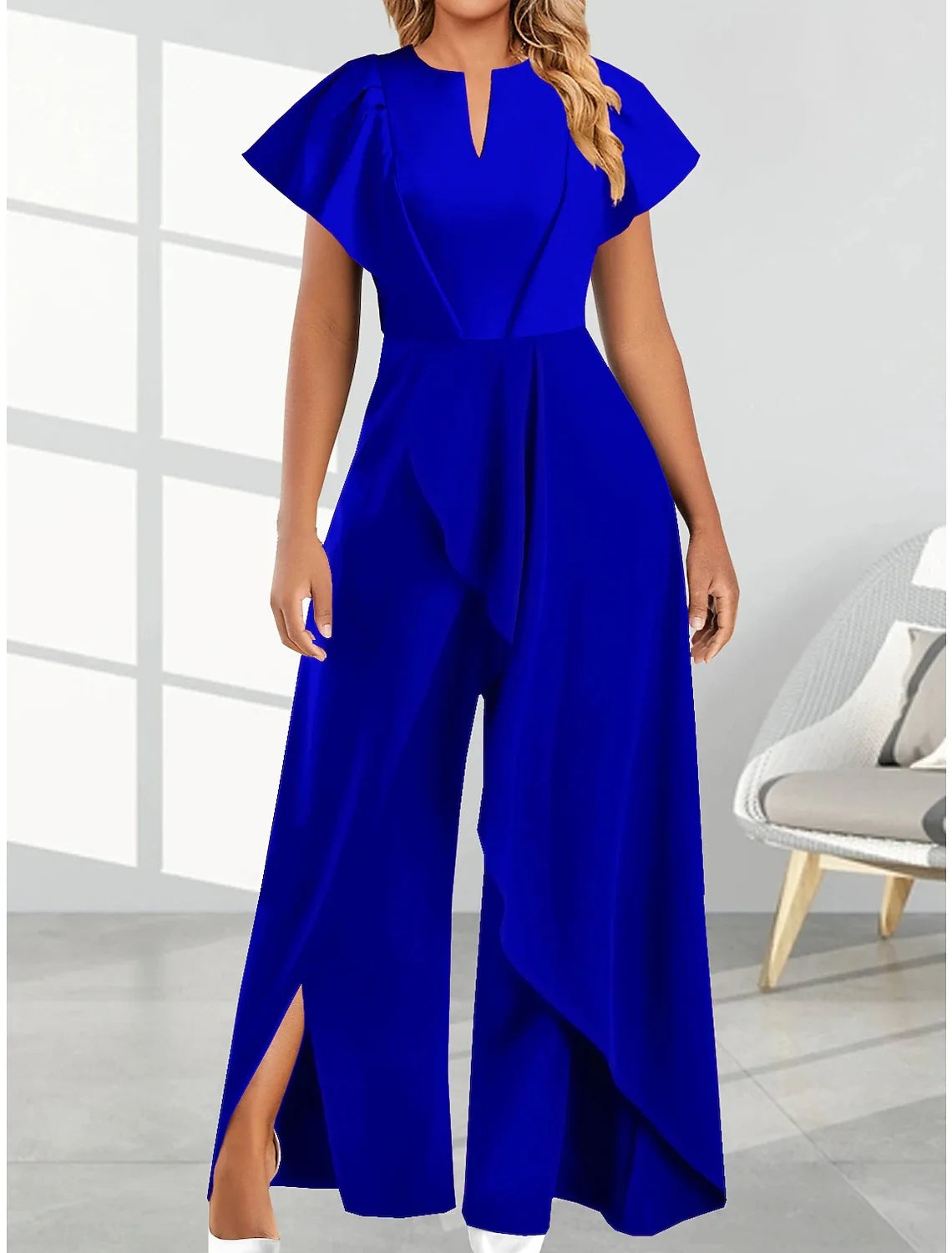 Elegant V-neck Irregular Jumpsuit Short Sleeved Jumpsuit