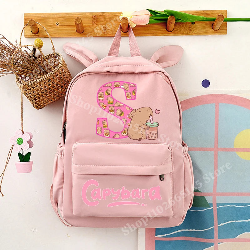 Capybara Cute Backpack Girls Capibara Anime Letter A-Z Schoolbag