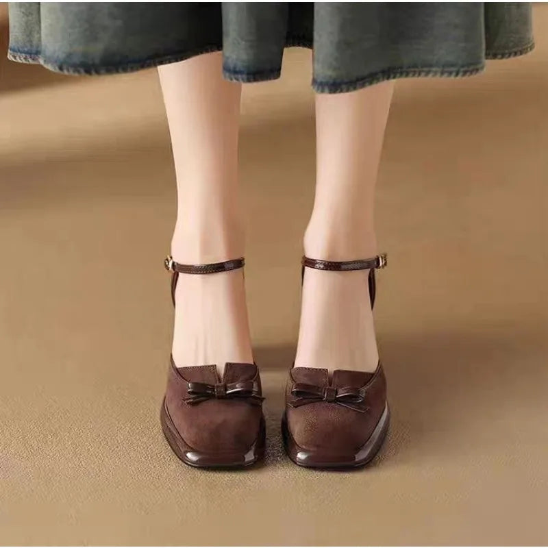 High-end strap high-heeled bow-shaped square-toe chunky heel sandals