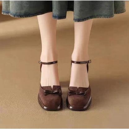 High-end strap high-heeled bow-shaped square-toe chunky heel sandals