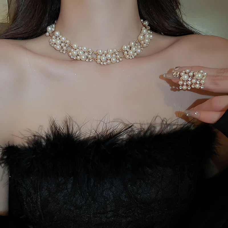 Rhinestone Pearl Rectangular Necklace Set