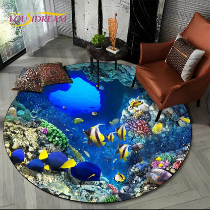 3D Seabed Illusion Underwater World Dolphin Round Area Rug