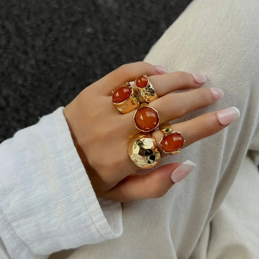 5 Pcs/Set Vintage Exquisite Inlay Acrylic Rhinestone Ring Chunky Thick Rings