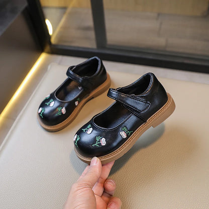 Leather Flowers Flats Mary Janes Soft Shoes