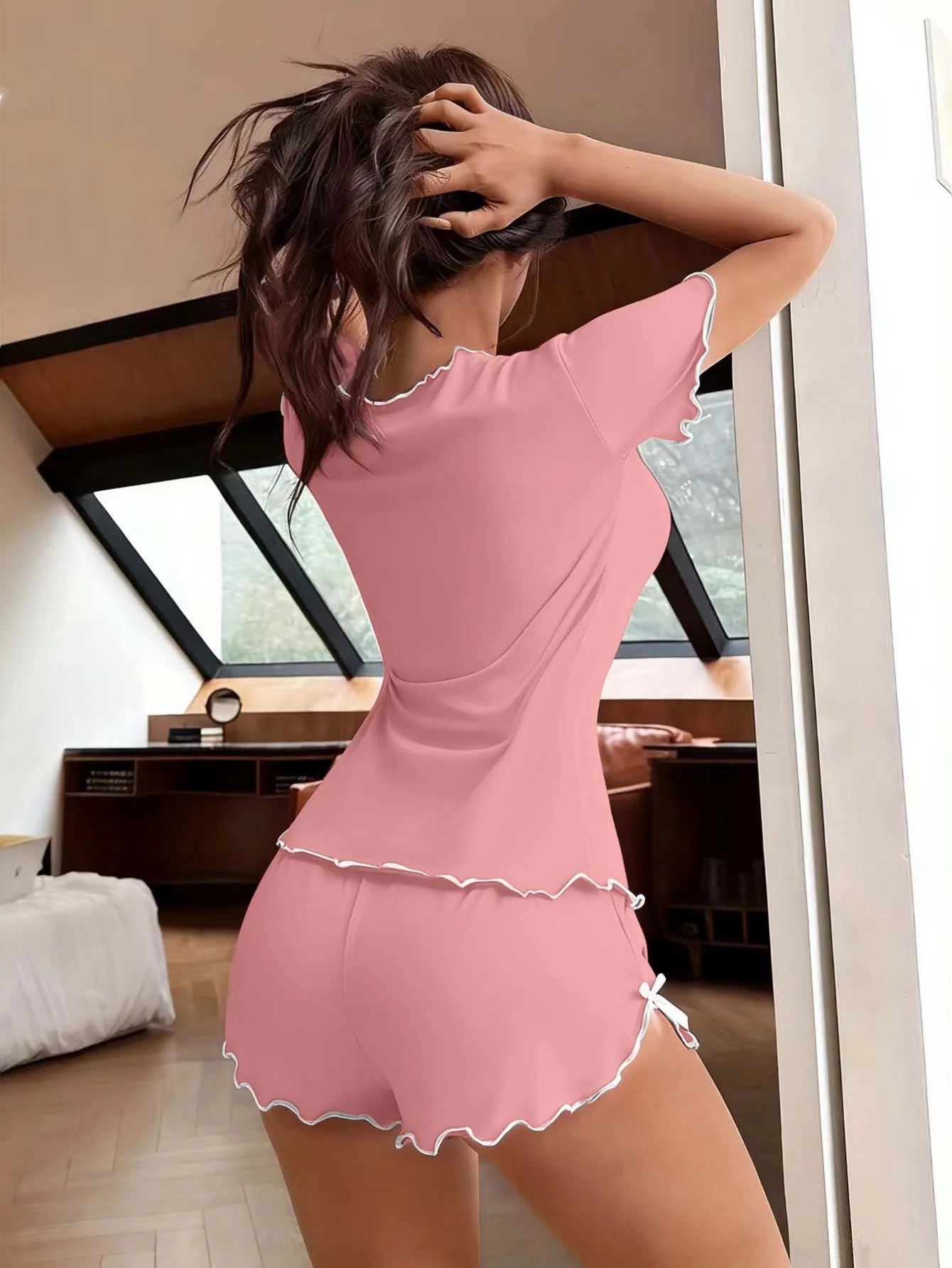 Bow Short Sleeve Top And Shorts Pajamas Set