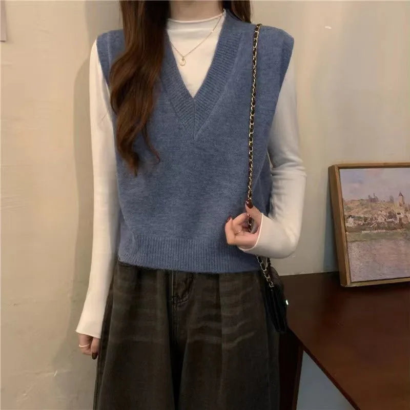 V-neck Knitted Vest Vintage Sleeveless Sweater Waistcoat Korean Chic