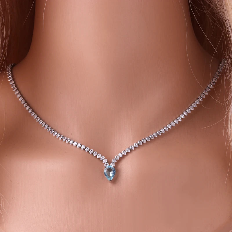 Iced Out Chain Water Drop Cubic Zirconia Light Blue Necklace