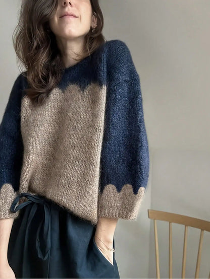 Deep Blue and Light Brown Wave Edge Design with Casual Retro Style Sweater