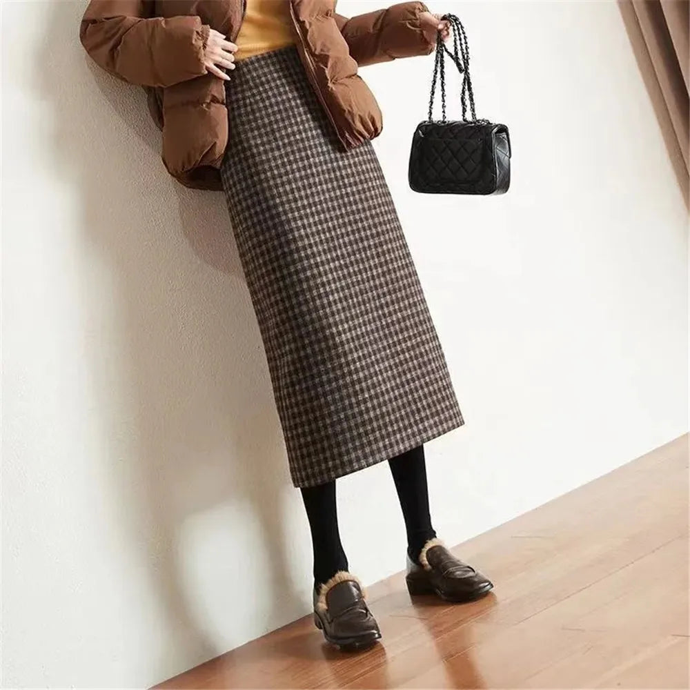 Y2k Slim Classic Plaid Midi Skirts Autumn Vintage Elegant Skirts