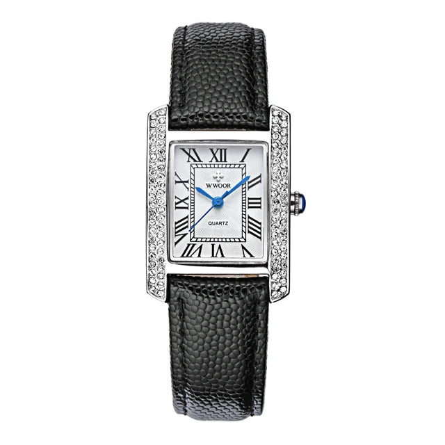 ساعات كوارتز جلدية أنيقة مرصعة بالألماس مربعة الشكل