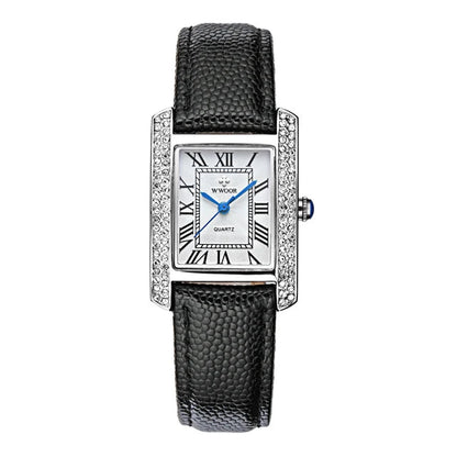 ساعات كوارتز جلدية أنيقة مرصعة بالألماس مربعة الشكل