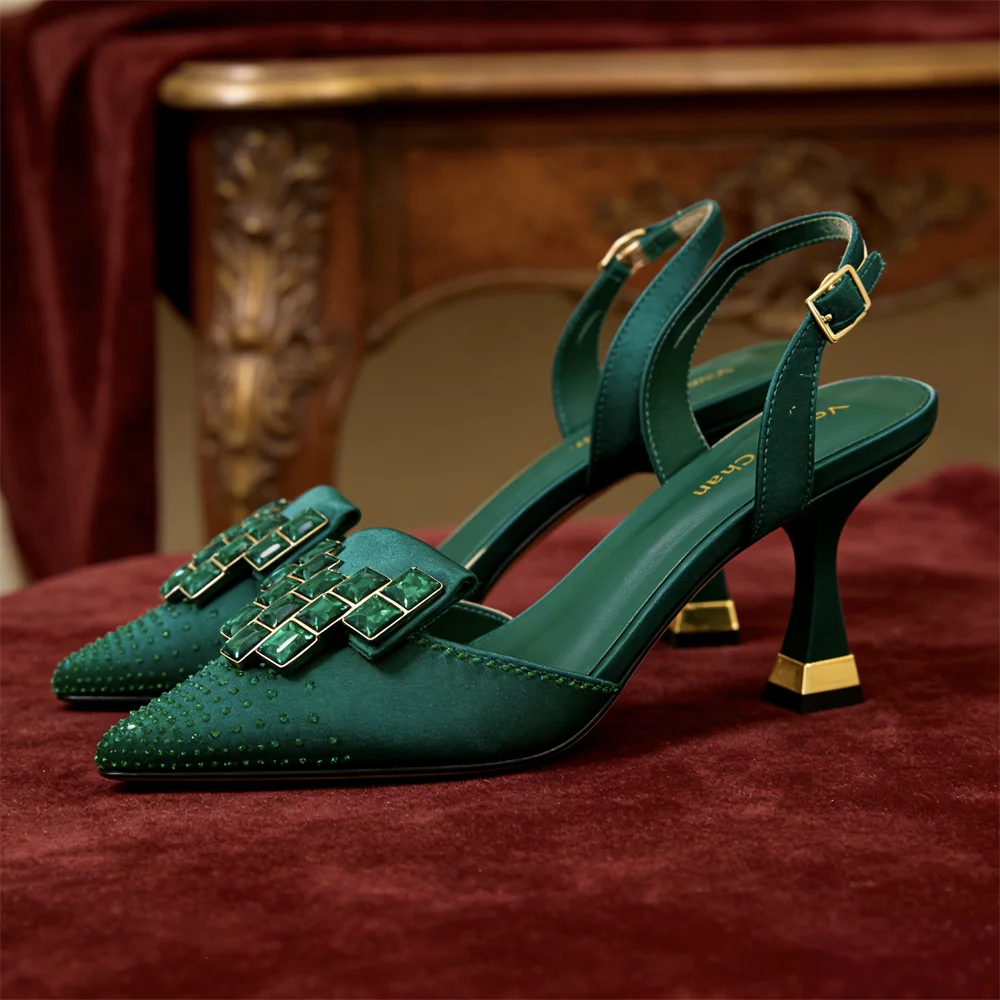 Venus Chan Elegant Green Slingback Heels with Rhinestones Shoes