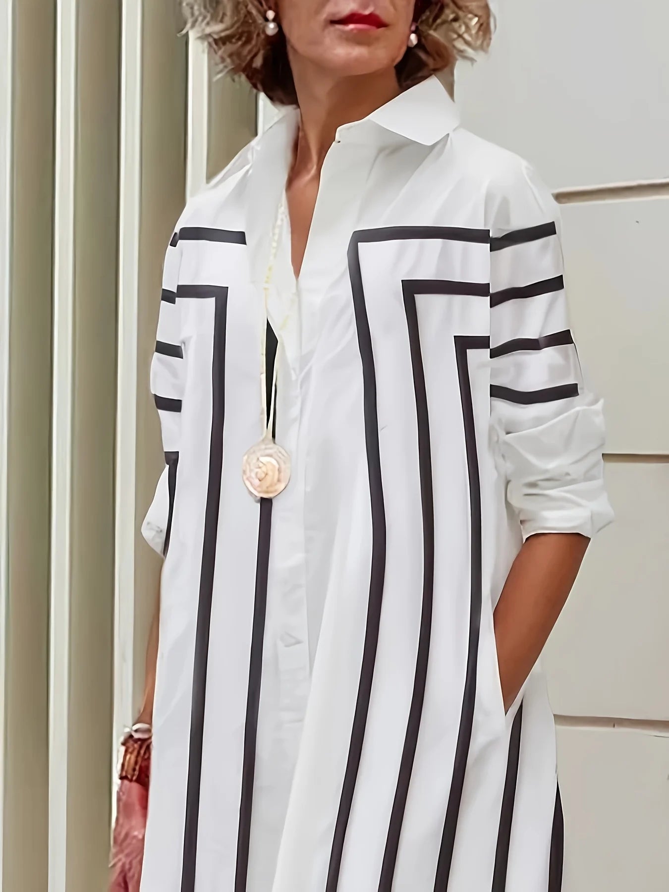 Casual Striped Button Loose Fit Knee-Length Dress