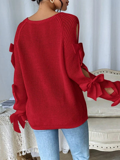 Bow Out Raglan Sleeves Knit Round Neck Minimalist Sweater