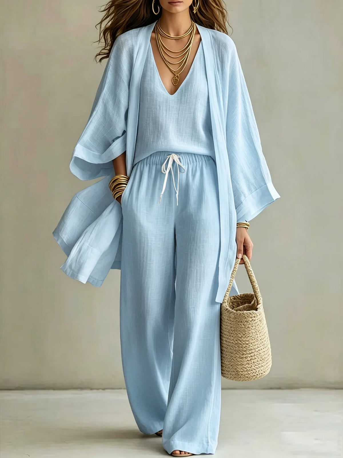 V Neck Tank Top Wide Leg Pants Kimono Cardigan 3 Piece Set