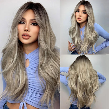 Long Natural Wavy Platinum Blonde Wigs