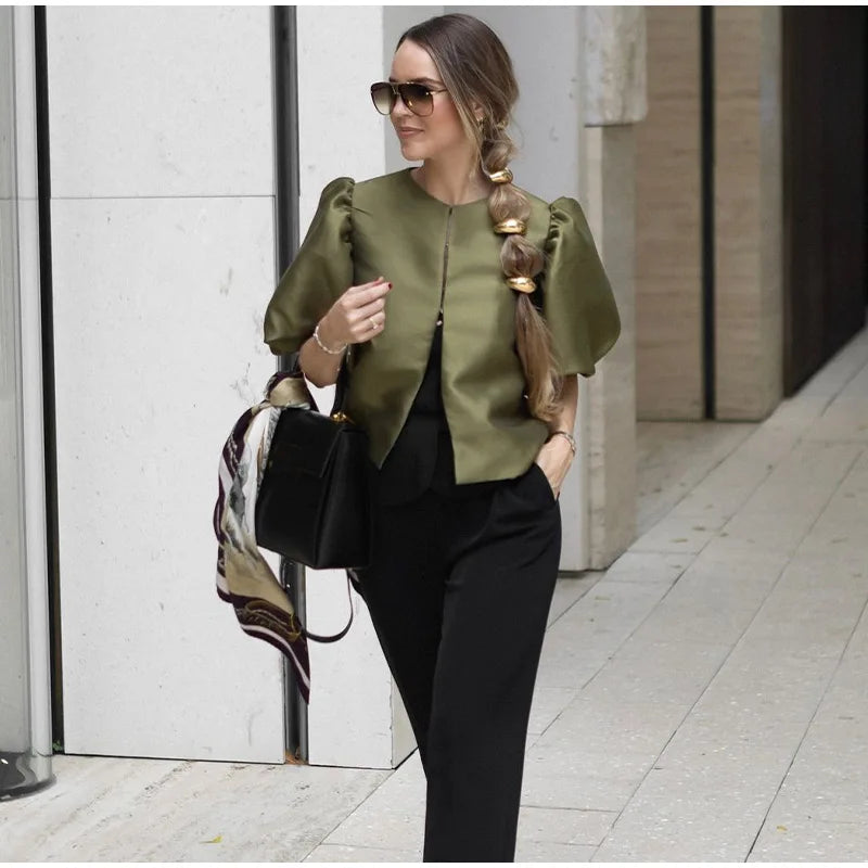 Satin Bubble Sleeves Round Neck Loose Shirt