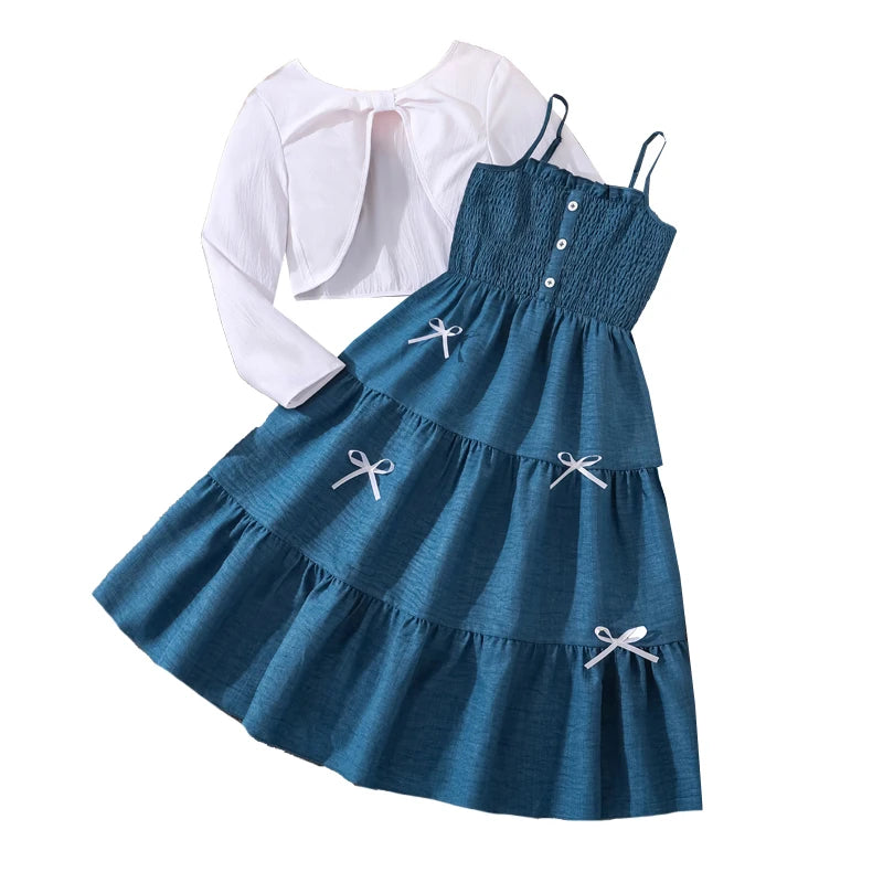 Kid Girl Long Sleeve Bow Sling Dress Set