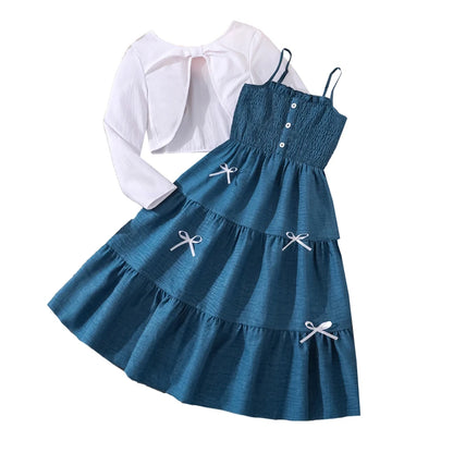 Kid Girl Long Sleeve Bow Sling Dress Set